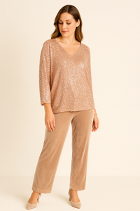 Collared, V-Neck, Elasticated Cuff Sequin Top
