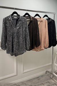 Collared, V-Neck, Elasticated Cuff Sequin Top