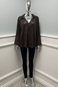 Collared, V-Neck, Elasticated Cuff Sequin Top