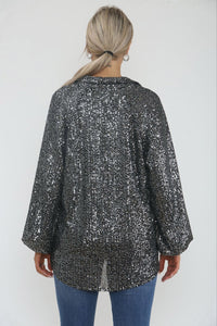 Collared, V-Neck, Elasticated Cuff Sequin Top