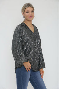 Collared, V-Neck, Elasticated Cuff Sequin Top