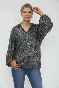 Collared, V-Neck, Elasticated Cuff Sequin Top