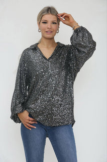 Collared, V-Neck, Elasticated Cuff Sequin Top
