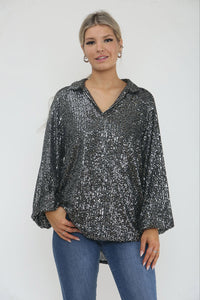 Collared, V-Neck, Elasticated Cuff Sequin Top