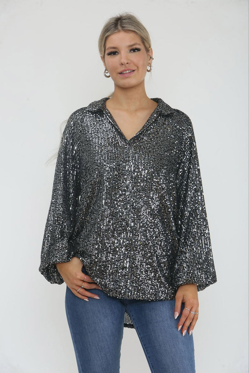 Collared, V-Neck, Elasticated Cuff Sequin Top