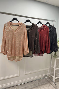 Collared, V-Neck, Elasticated Cuff Sequin Top