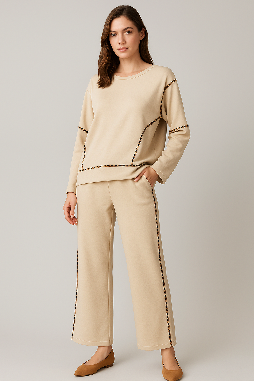 Round Neck, Leopard Trim Detailed, Elasticated Waist, Wide Leg Two Piece Set.