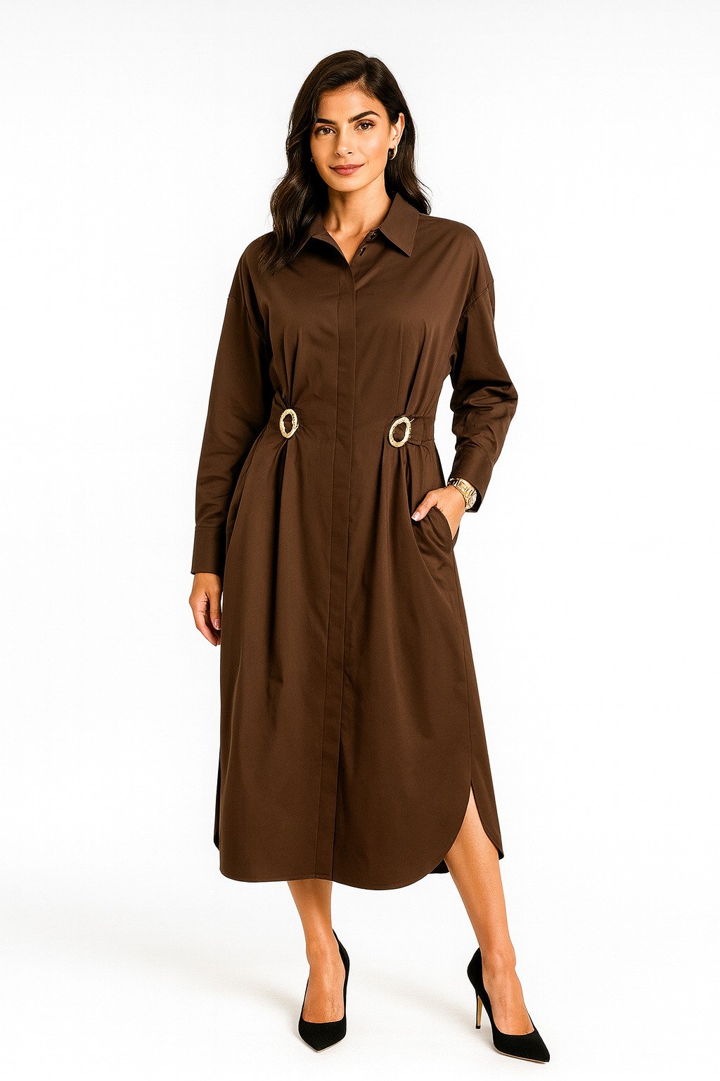 Collared, Button Through, Gold Broach & Tie Front Detailed, 100% Cotton Dress