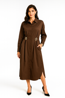 Belted Shirt Dress, pointed collar, concealed button placket, and statement ring-buckle side accents