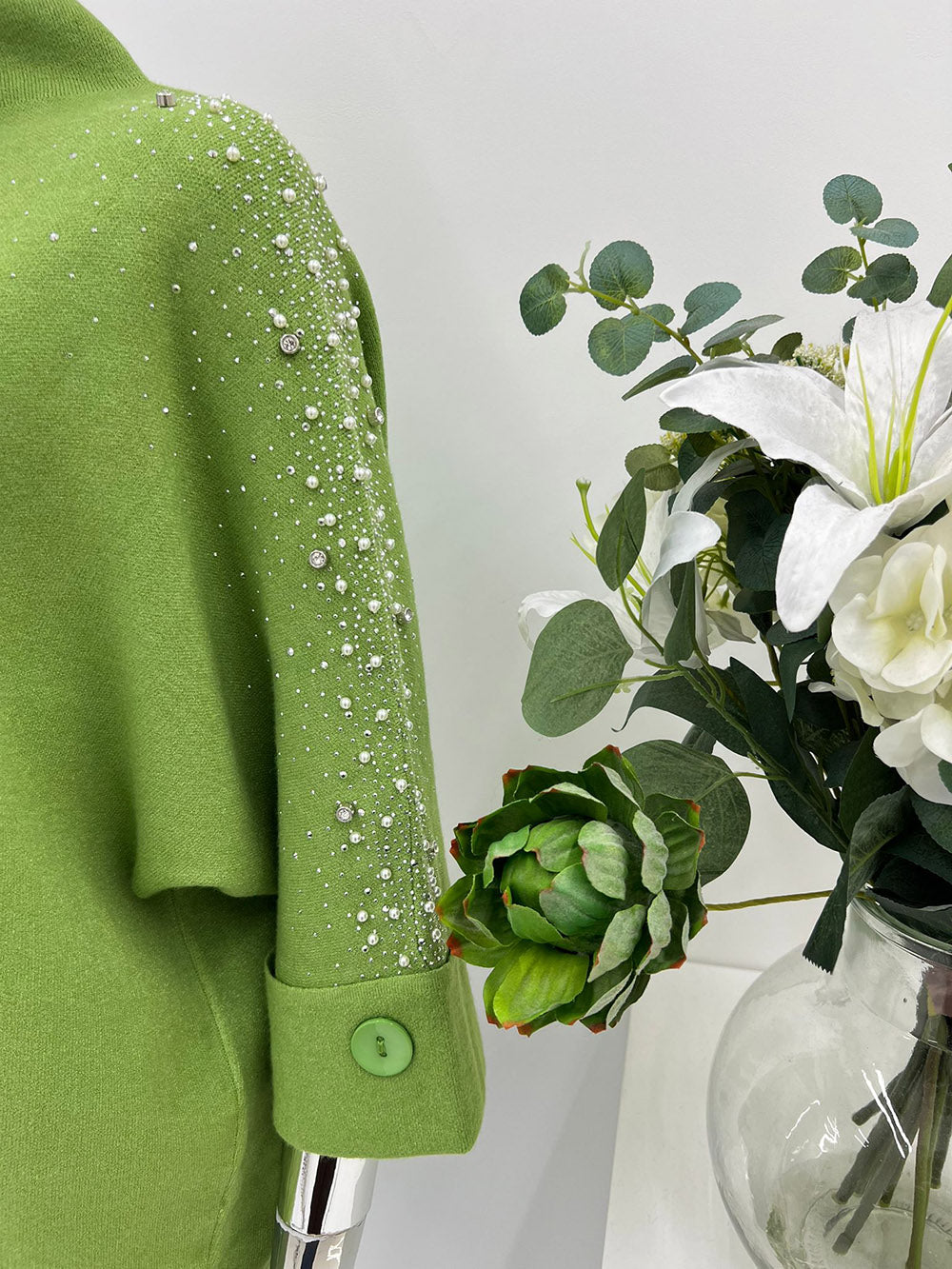 High Neck, Pearl &  Diamanté Studded, Button Sleeve Detailed, Viscose & Modal Knitted Jumper