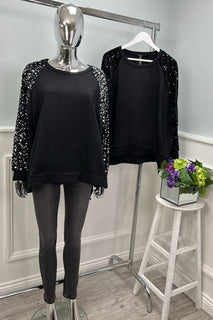 Round Neck, Sequin Sleeve Detailed, Side Split, 100% Cotton, Fleece Lined Top