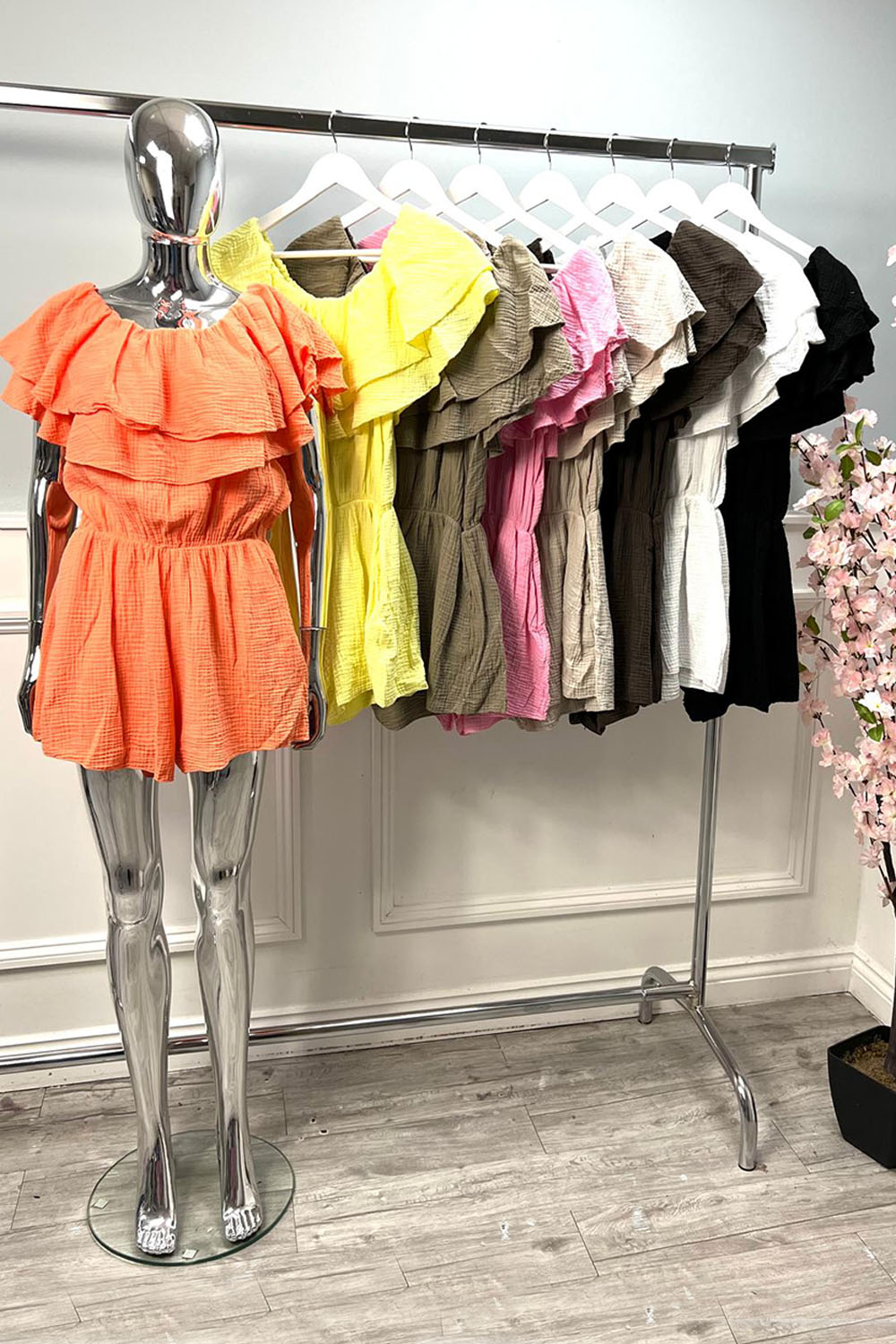 Off The Shoulder, Elasticated Waist, Cheesecloth Two Pocket Playsuit.