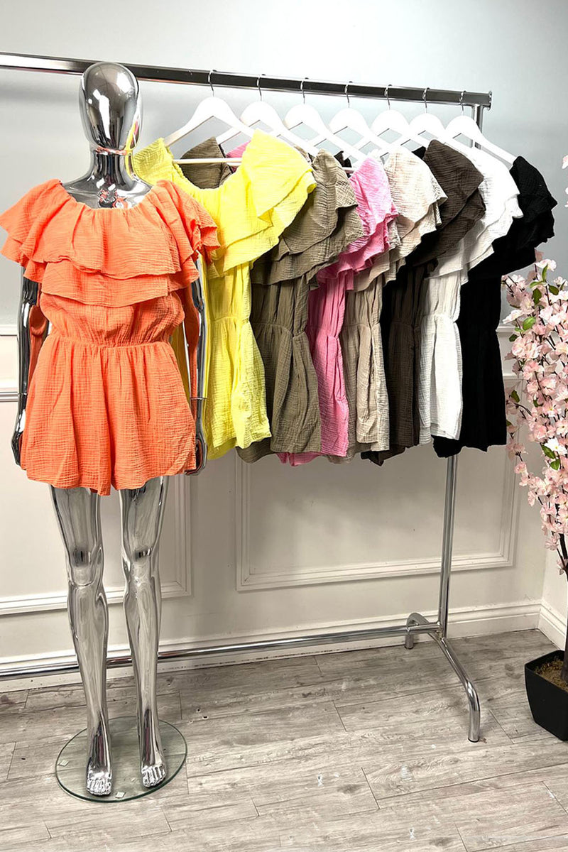 Off The Shoulder, Elasticated Waist, Cheesecloth Two Pocket Playsuit.