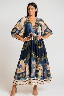 Abstract Print Bohemian Maxi Dress, Designed with a deep V-neckline, gathered bust detail