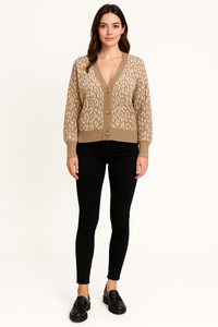 Leopard Print Cardigan, cozy knit texture.