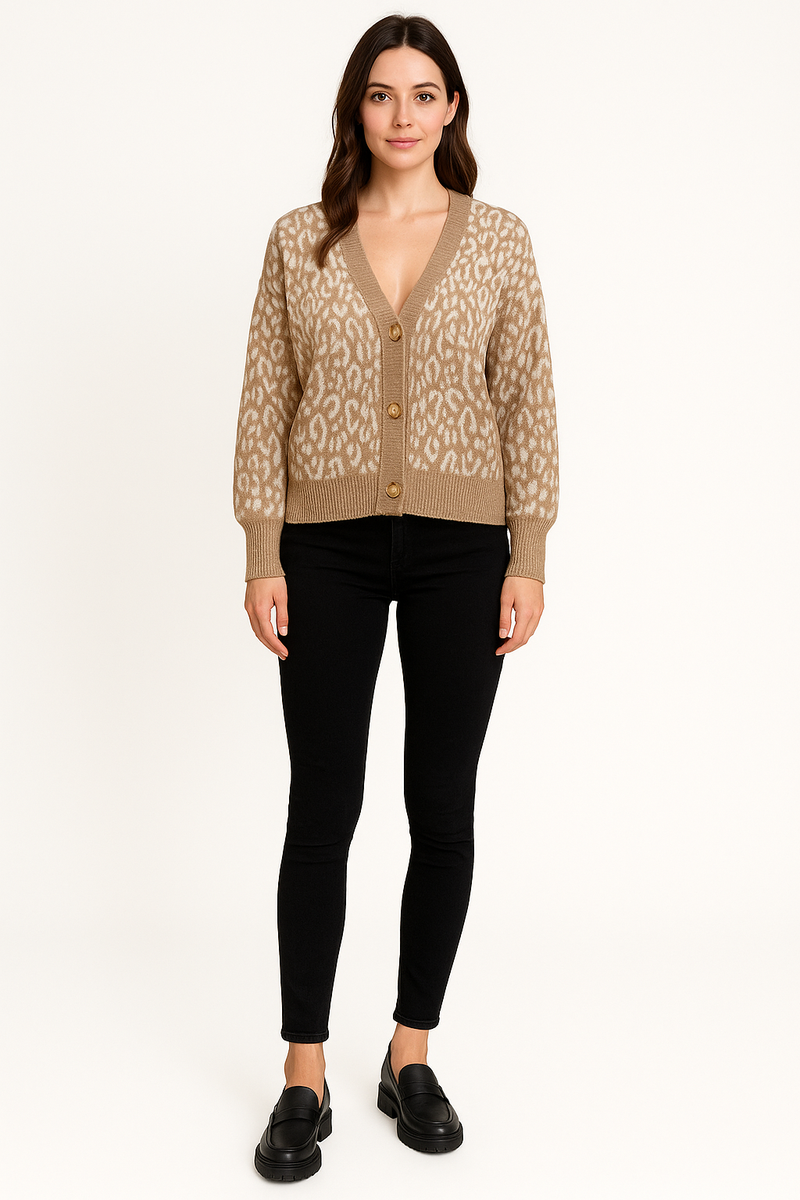 Leopard Print Cardigan, cozy knit texture.