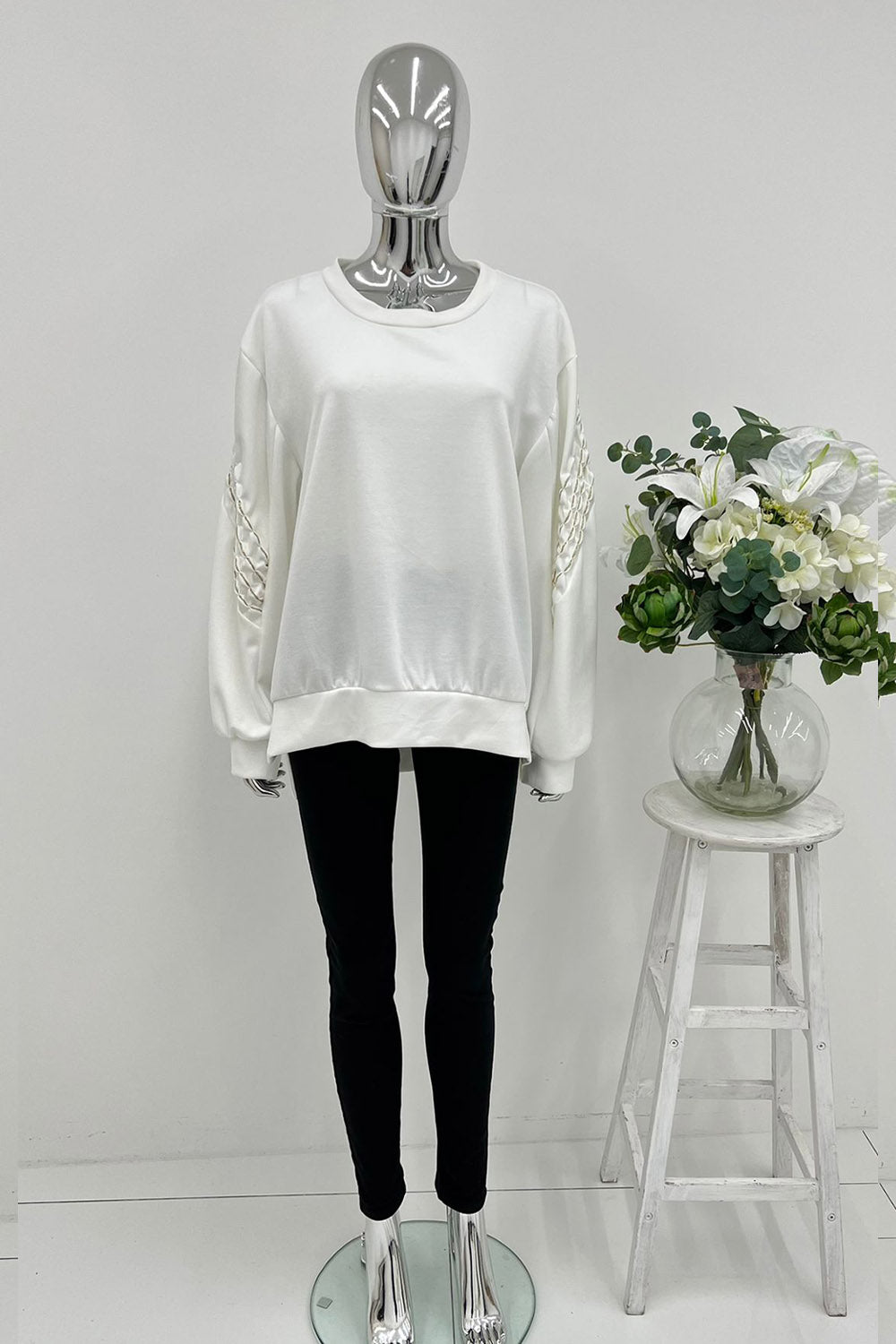 Round Neck, Lurex Stitch Detailed, High Low Sweatshirt