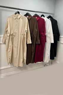 Belted Shirt Dress, pointed collar, concealed button placket, and statement ring-buckle side accents