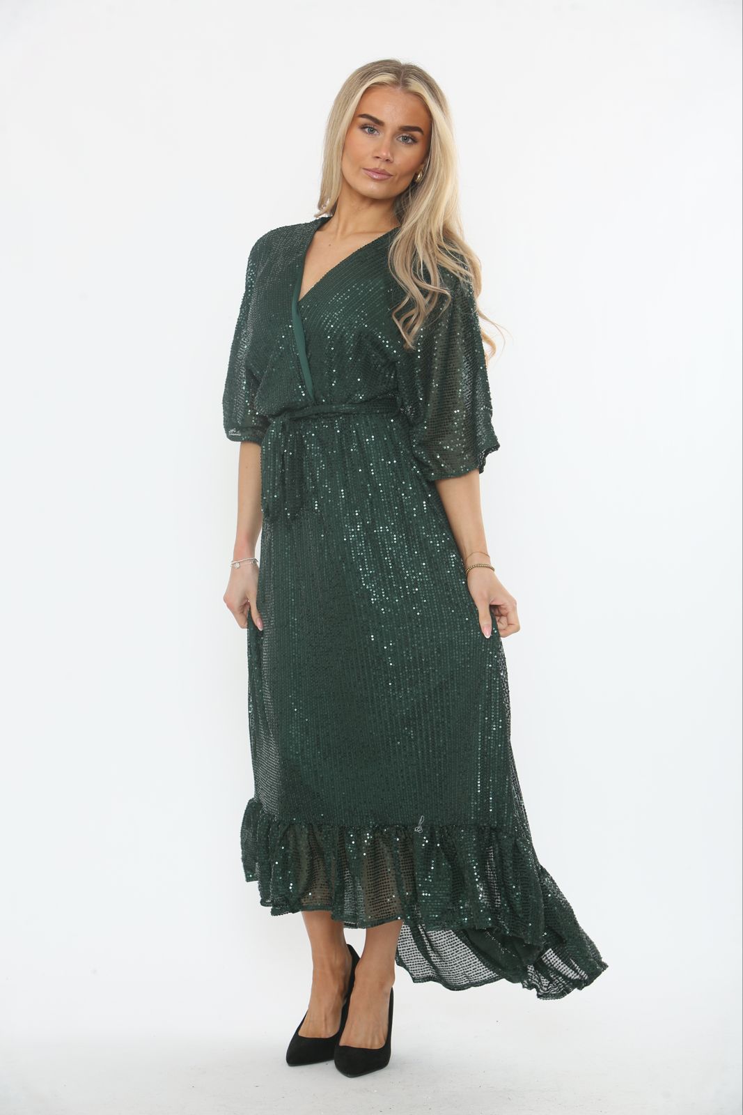Sequin Drape V-Neck Maxi Dress