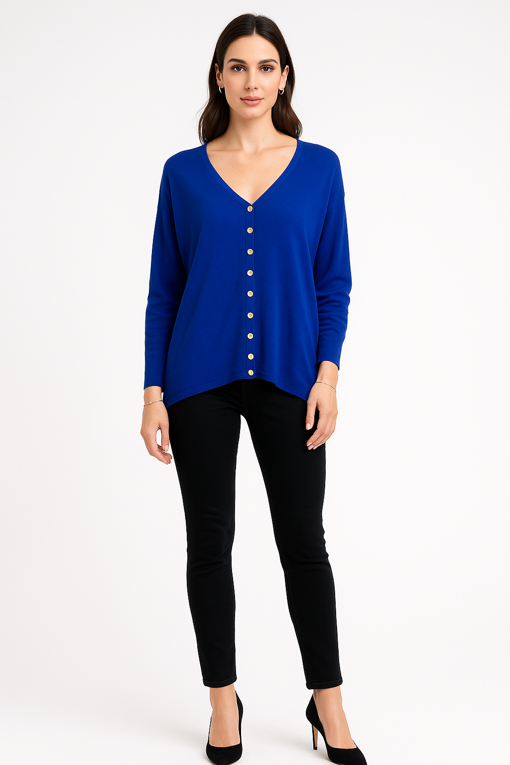 V-Neck, Button Detailed, Viscose & Nylon Light Knitted Top