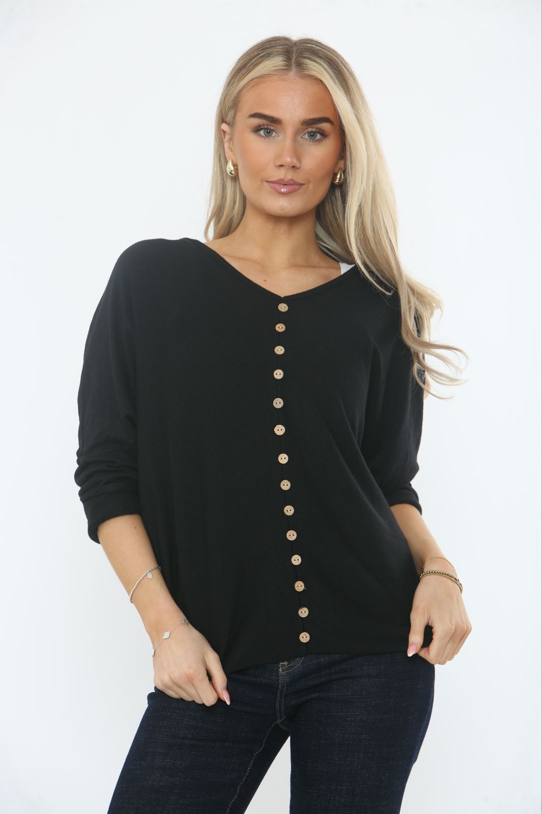 V-Neck, Button Detailed, Viscose & Nylon Light Knitted Top