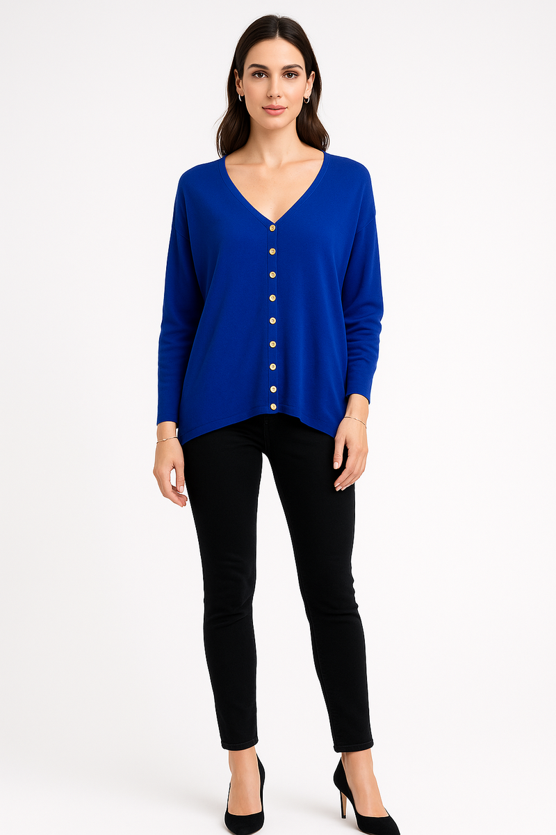 V-Neck, Button Detailed, Viscose & Nylon Light Knitted Top