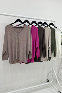 V-Neck, Button Detailed, Viscose & Nylon Light Knitted Top