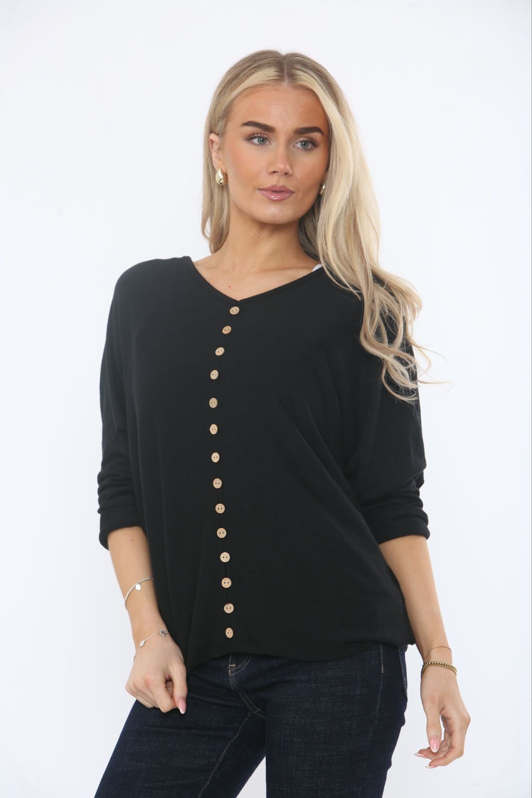 V-Neck, Button Detailed, Viscose & Nylon Light Knitted Top