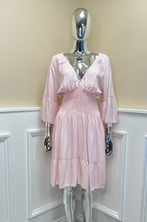V-Neck, Elasticated Waist, Frill Sleeve & Hem, Viscose Short Dress