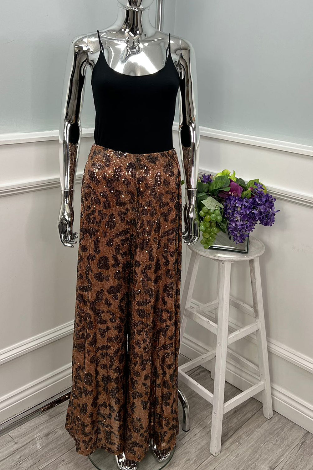 Elasticated Waist, Sequin Printed Wide Leg Trouser