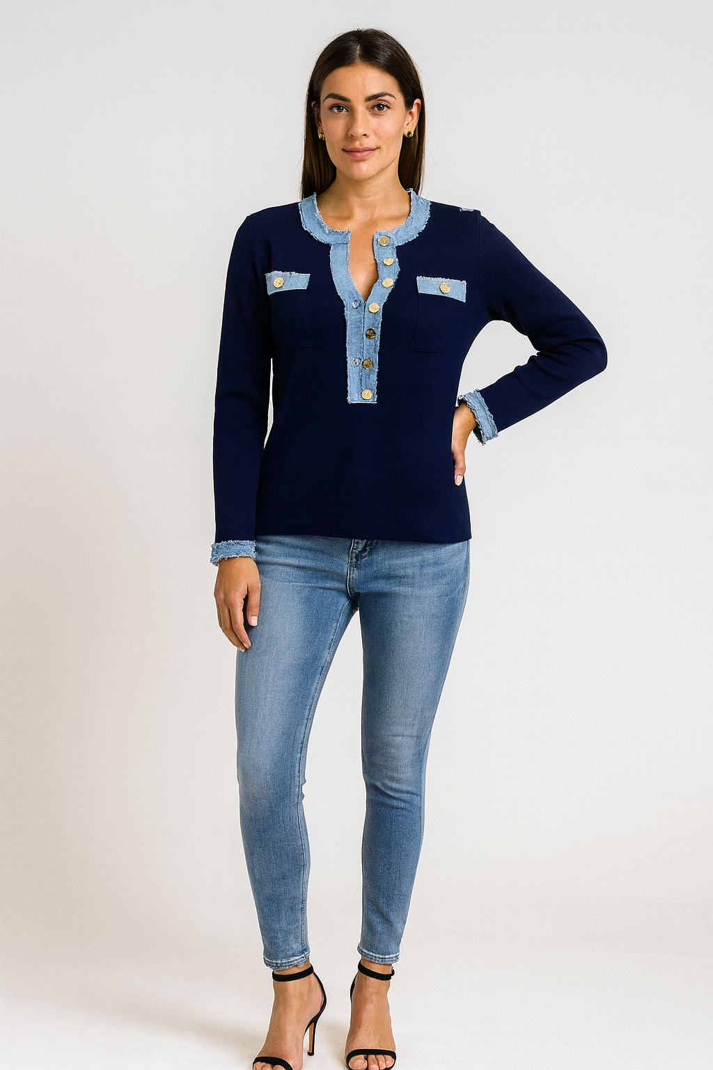 Golden Button & Denim Trim Detailed, Cotton Knitted Ribbed Jumper