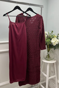 deep wine lace overlay dress with a satin slip