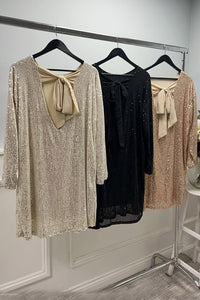 Round Neck , Sequin embellished dress with bow-back detail