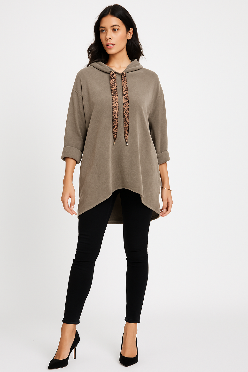 Oversized Velvet Hooded Jumpers with Leopard Drawstrings