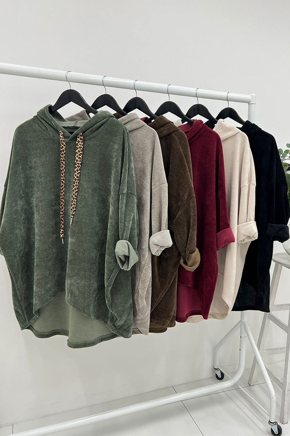 Oversized Velvet Hooded Jumpers with Leopard Drawstrings