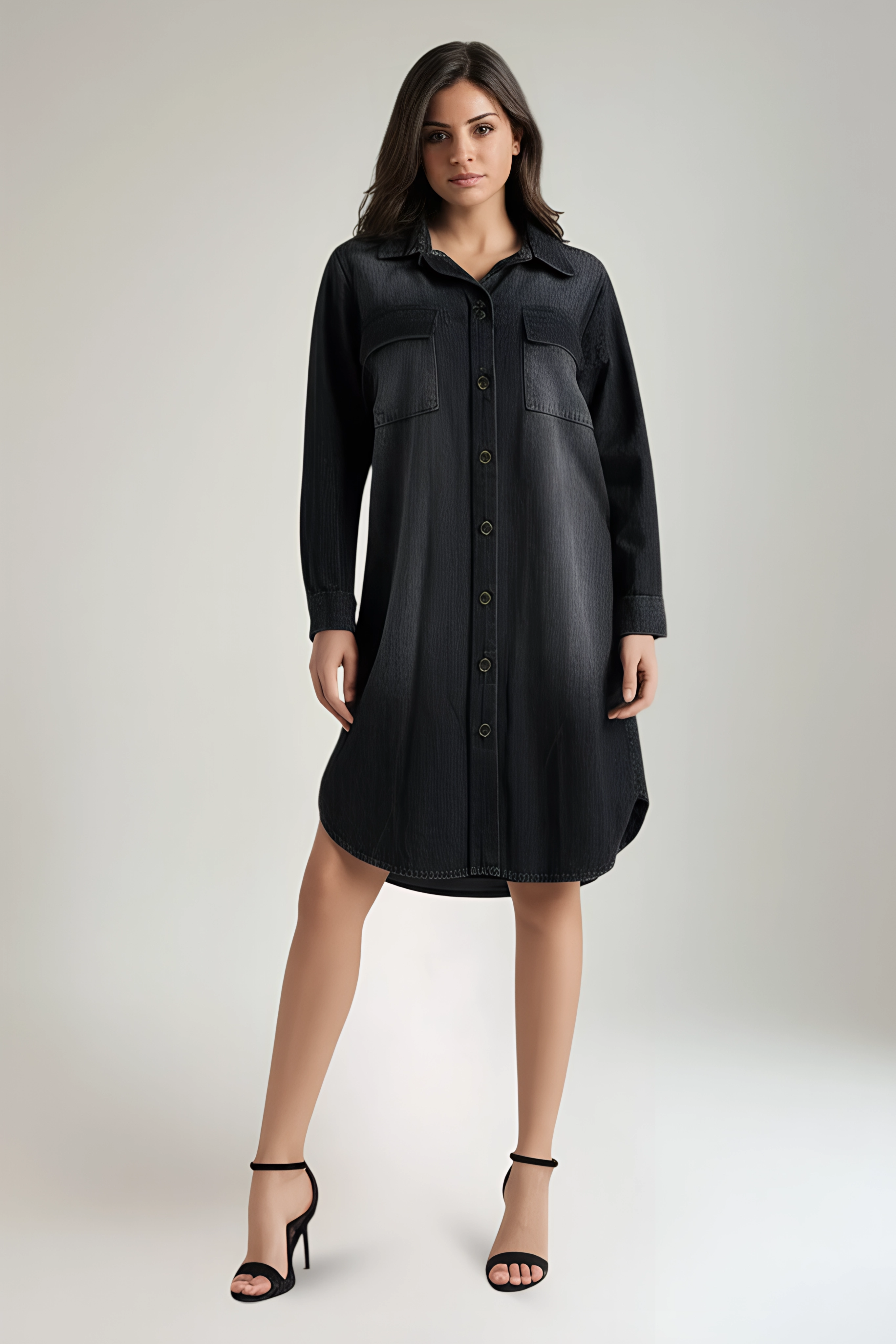 Collared, Button Through, Four Pocket Stretchy Washed Denim Dress.