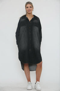 Collared, Button Through, Four Pocket Stretchy Washed Denim Dress.