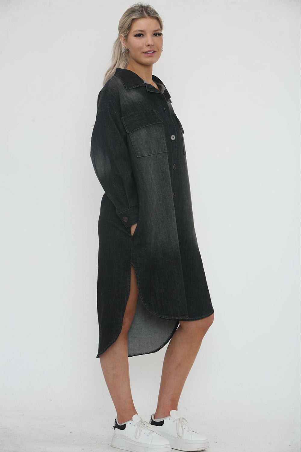 Collared, Button Through, Four Pocket Stretchy Washed Denim Dress.