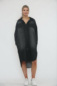 Collared, Button Through, Four Pocket Stretchy Washed Denim Dress.