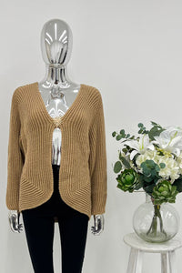 Ribbed Knit Open-Front Cardigan with Button Detail