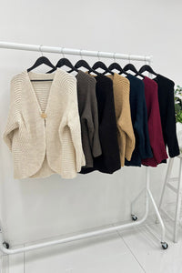Ribbed Knit Open-Front Cardigan with Button Detail