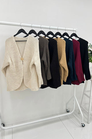 Ribbed Knit Open-Front Cardigan with Button Detail