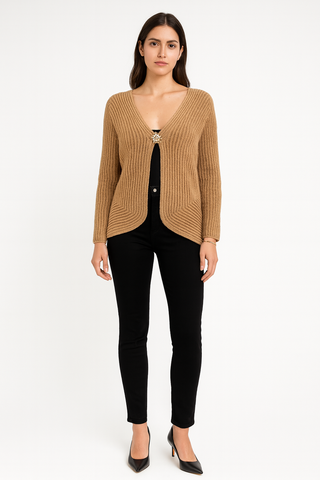Ribbed Knit Open-Front Cardigan with Button Detail