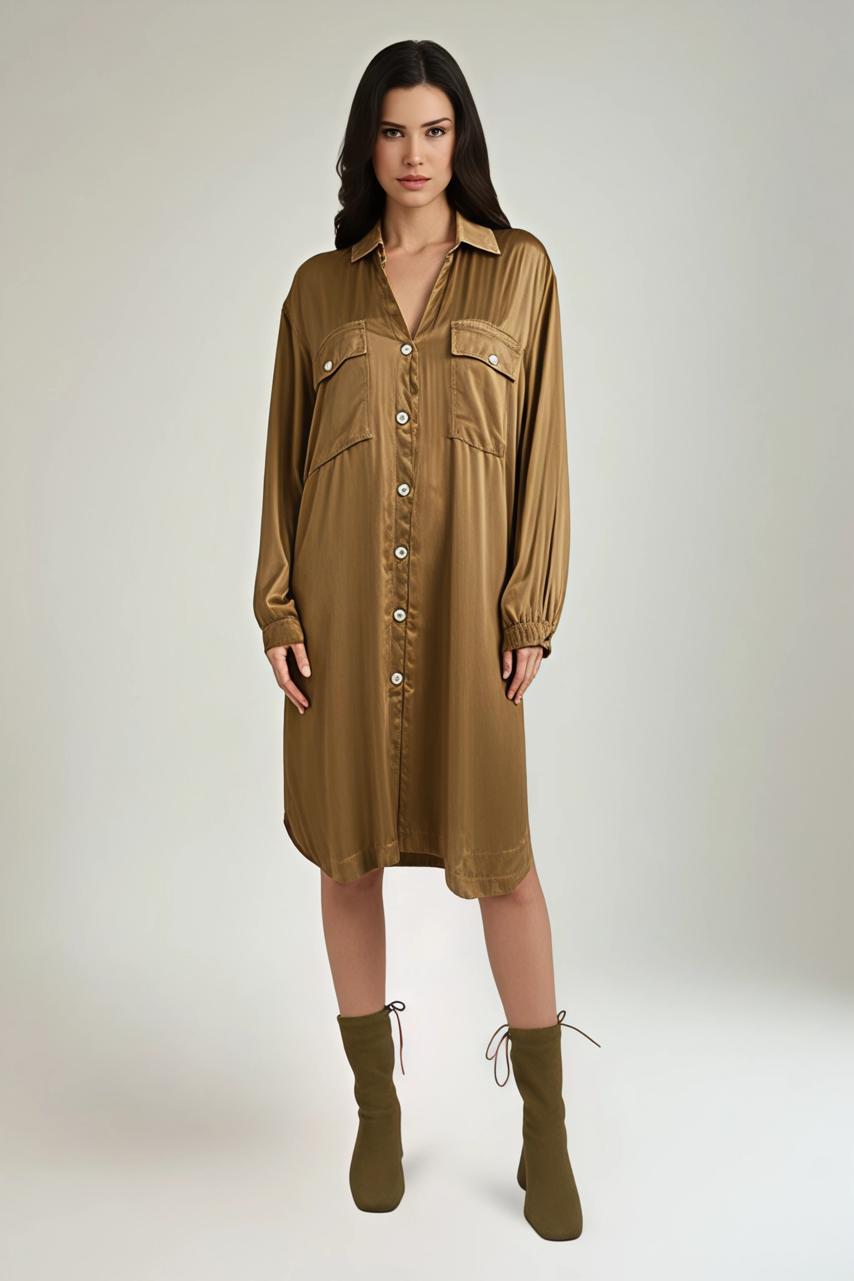 Collared, Button Through, Two Pocket Satin Shirt Dress