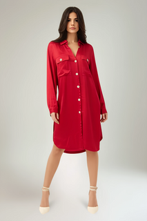 Collared, Button Through, Two Pocket Satin Shirt Dress