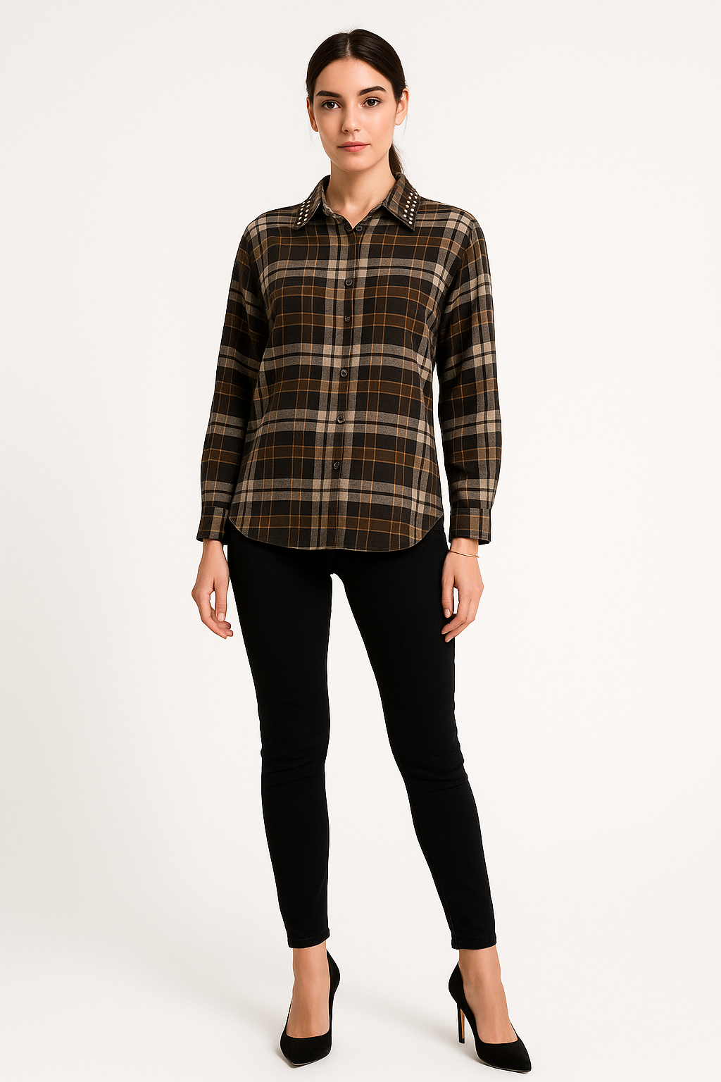 Plaid button-up shirts featuring statement embellished collars