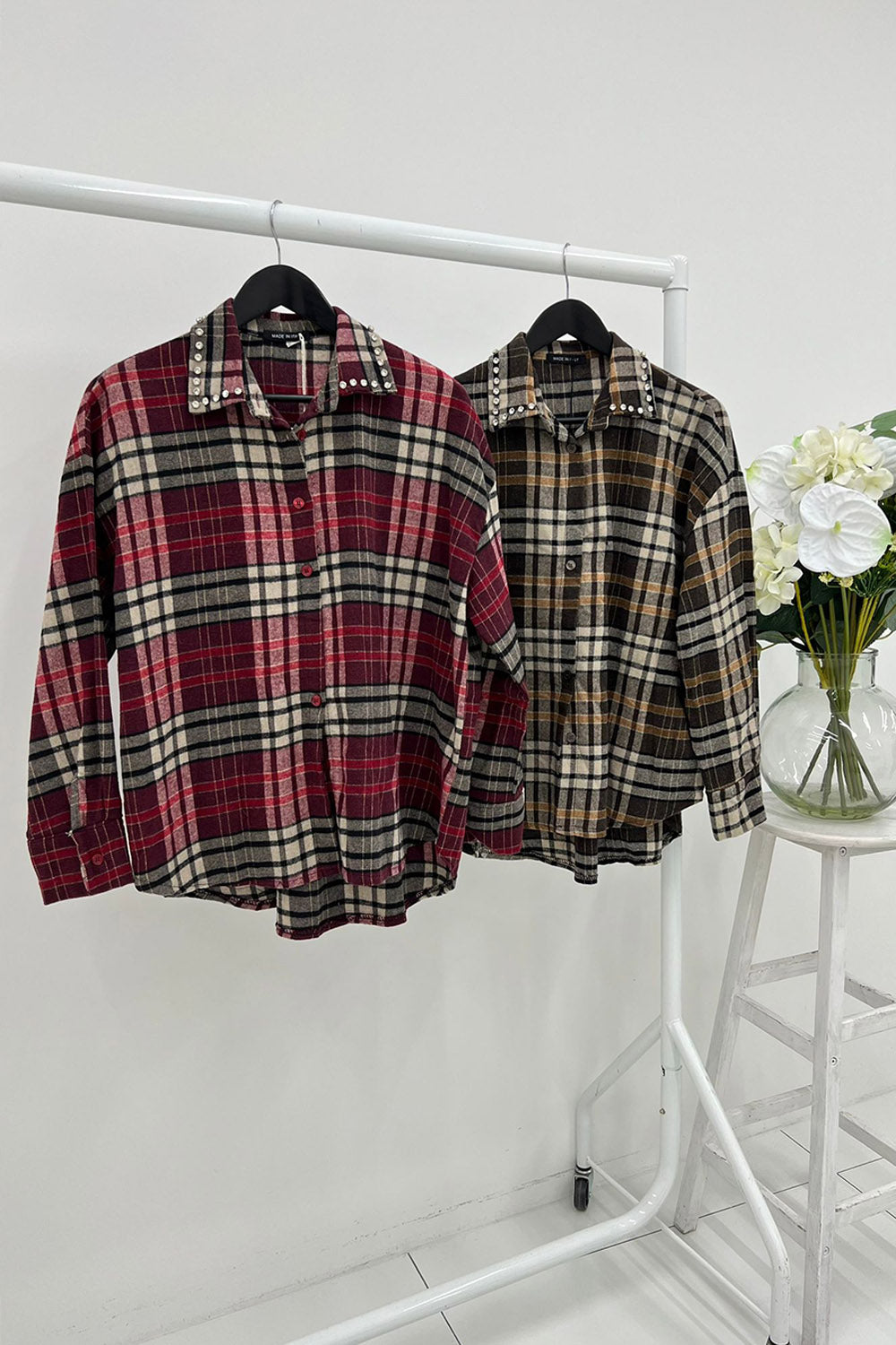 Plaid button-up shirts featuring statement embellished collars