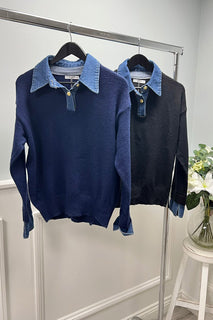 Denim Collared & Cuff Detailed, Acrylic & Polymide Knitted Jumper
