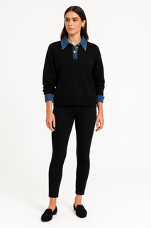 Denim Collared & Cuff Detailed, Acrylic & Polymide Knitted Jumper