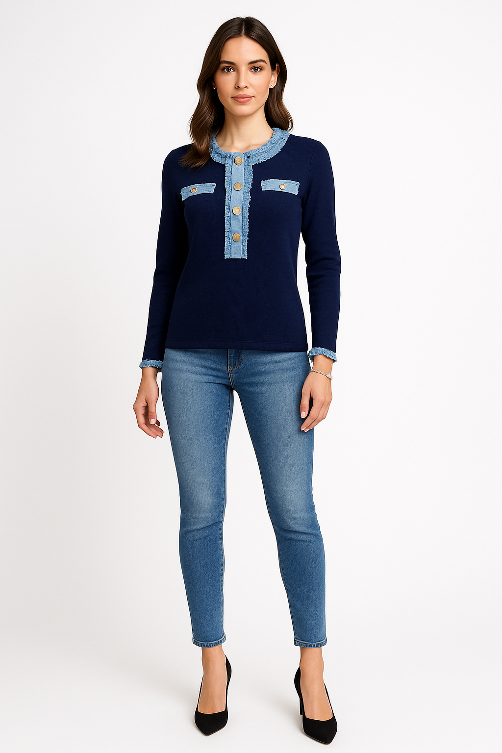 Navy Knit Top with Denim Trim Accents